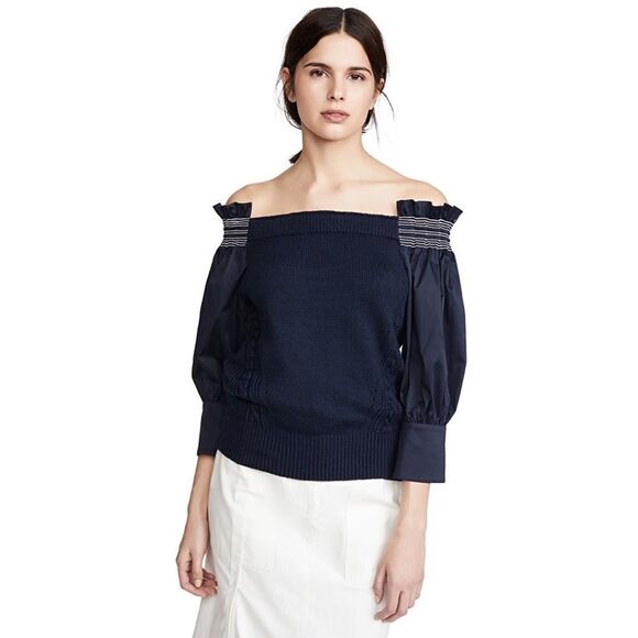 Adeam Womens Off Shoulder Smocking Sweater Navy Blue Cotton Size Extra Small - Picture 6 of 13